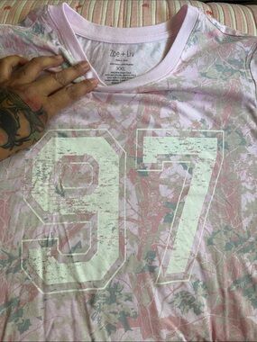 Zoe + Liv Light Pink Floral Graphic Tee with White 97 Print